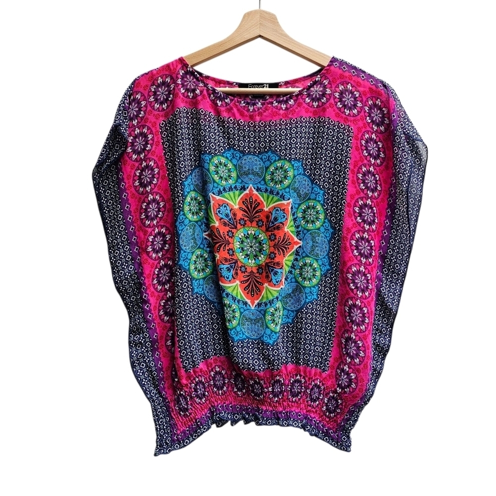Forever 21 Bohemian Medallion Print Blouse , Smocked Hem, Sheer, Size Small